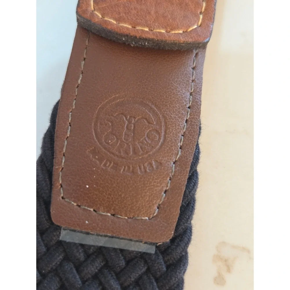 Torino Belt Size 44 Brown Black Braided Woven Leather Trim Made in USA Preppy
